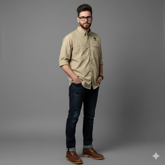 Carharrt Force Khaki Embroidered Logo Pockets Long Sleeve Button-Up Shirt Size M - Picture 8 of 15